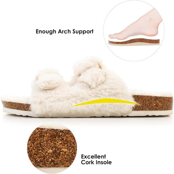 Women's Cozy Lining Faux Rabbit Fur Cream Cork Open Toe Slipper Sandals Shoes - Picture 4 of 7